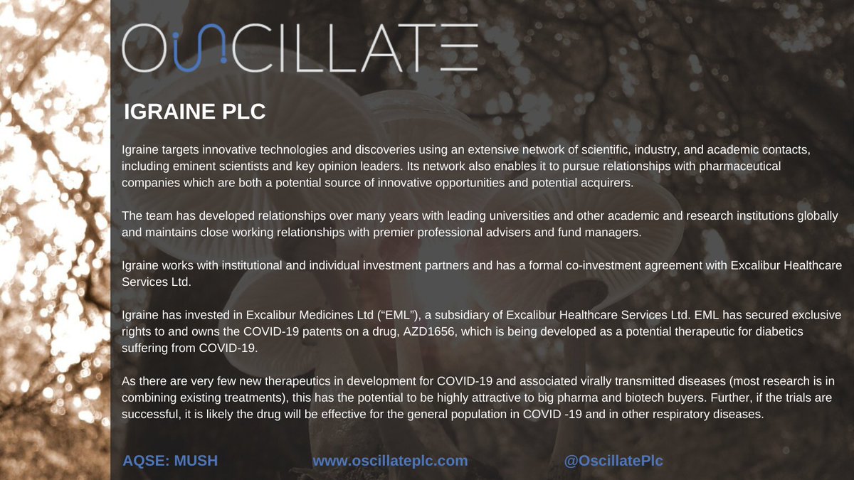 ServalResources's tweet photo. #MUSH
𝗣𝗼𝘀𝘁 𝗣𝗲𝗿𝗶𝗼𝗱 𝗜𝗻𝘃𝗲𝘀𝘁𝗺𝗲𝗻𝘁𝘀
IGRAINE PLC - AQSE: KING
No of Shares Held: 21,312,460
Excalibur Medicines Ltd, a subsidiary of Excalibur Healthcare Services Ltd., announced that the clinical team will report on the ARCADIA trial in Sept
https://t.co/YVzscTv2cx https://t.co/a8bQ5KRpZZ
