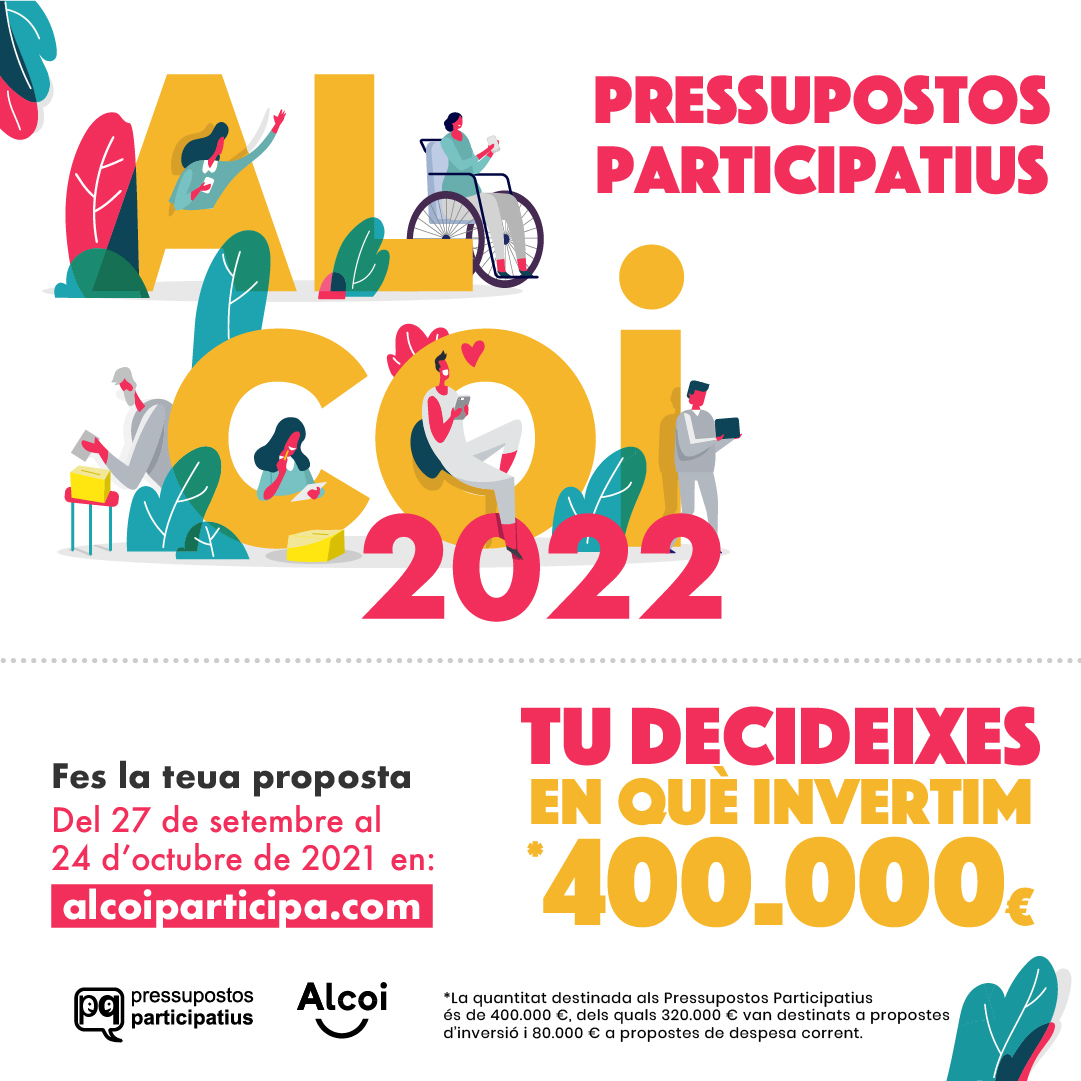 Tornen un any més els #Pressupostos Participatius
amb l'objectiu de donar veu a la ciutadania
El procés començarà amb la recollida de #propostes amb els seus avals del 27 de setembre al 24 d’octubre de 2021.
alcoiparticipa.com 
<a href="/AjuntamentAlcoi/">Ajuntament d'Alcoi</a>