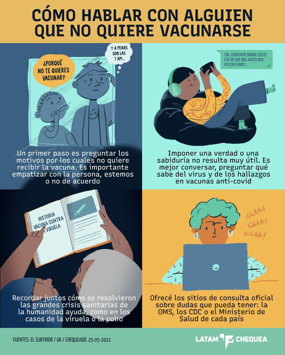 Paciencia: sí es posible entablar una conversación alguien que no quiere vacunarse contra COVID19. Estas son algunas maneras de iniciar un diálogo que brinde más calma que molestia y para #PrevenirCOVID19 👇
