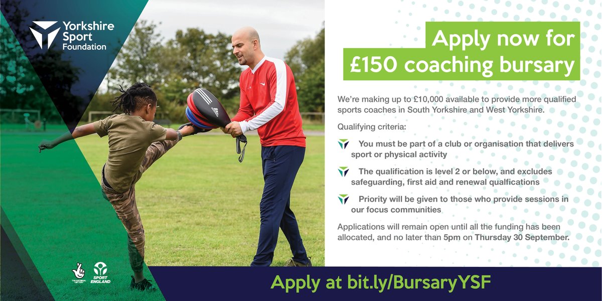 We're making up to £10,000 available to provide more qualified coaches in South Yorkshire and West Yorkshire, as part of the Club Matters Local project.

Apply now for one of our £150 coaching bursaries at bit.ly/BursaryYSF

Applications close no later than 30 Sept (5pm)