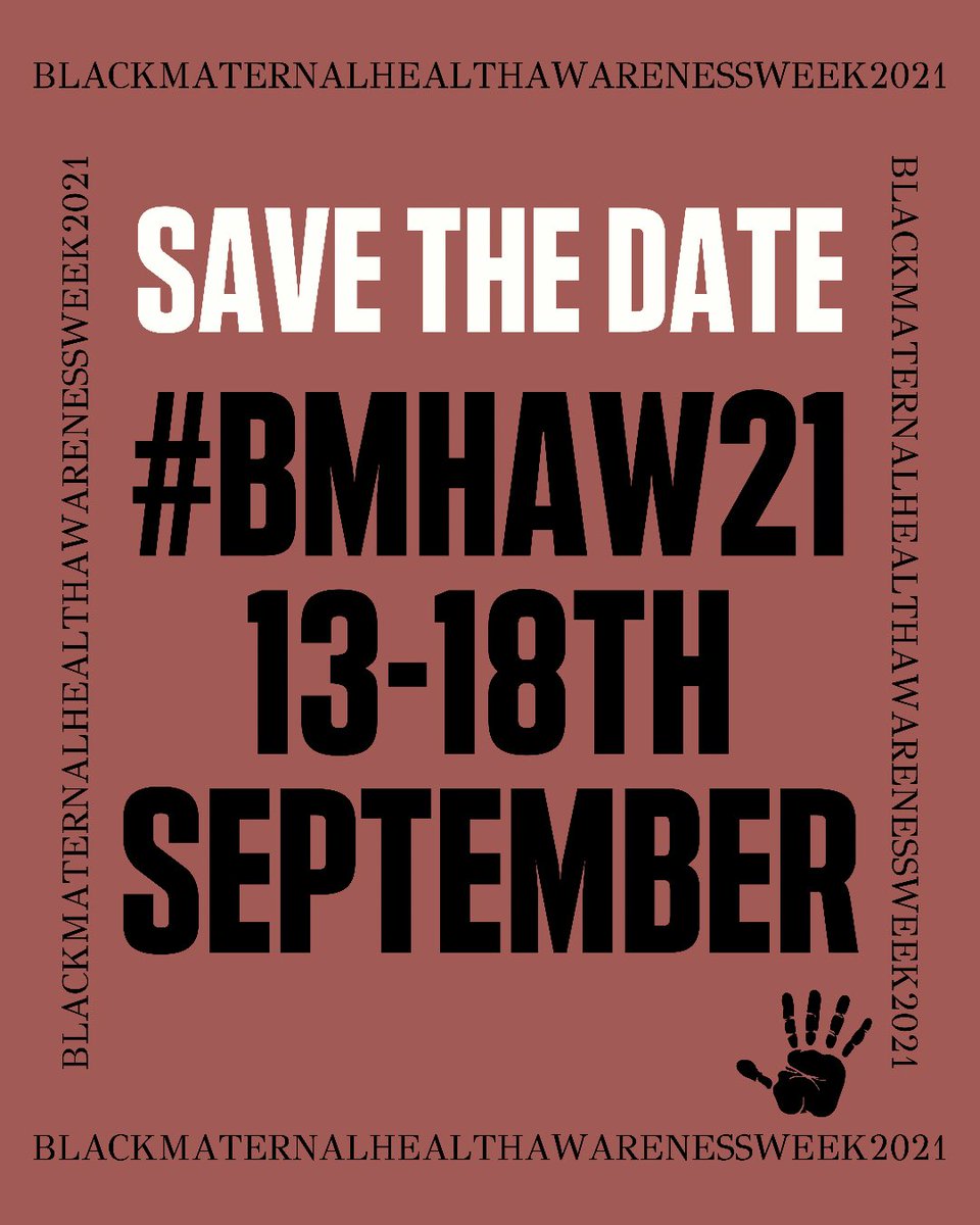 SAVE THE DATE Black Maternal Health Awareness Week is starting next week Monday 13th September. Each day will have a different theme we will focus on and more details will be released later on this week. Tell a friend to tell a friend! #bmhaw21 #fivexmore #fivexmoreaw21