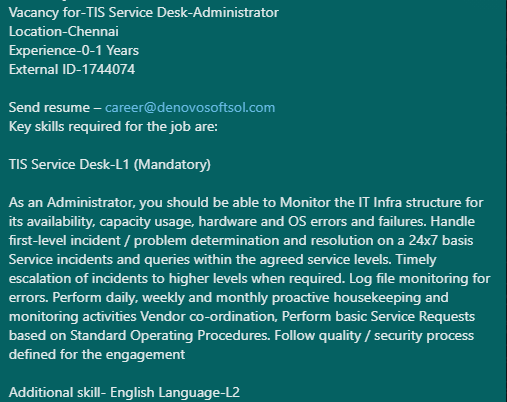 denovosoftsol's tweet photo. #denovojobs #denovo
Vacancy for-TIS Service Desk-Administrator
Location-Chennai
Experience-0-1 Years
External ID-1744074
Send resume – career@denovosoftsol.com
#helpdesk #technology #it #software #IToperation #informationtechnology #tech #itsupport #tisservice #TISServiceDesk https://t.co/J8iffOWVls