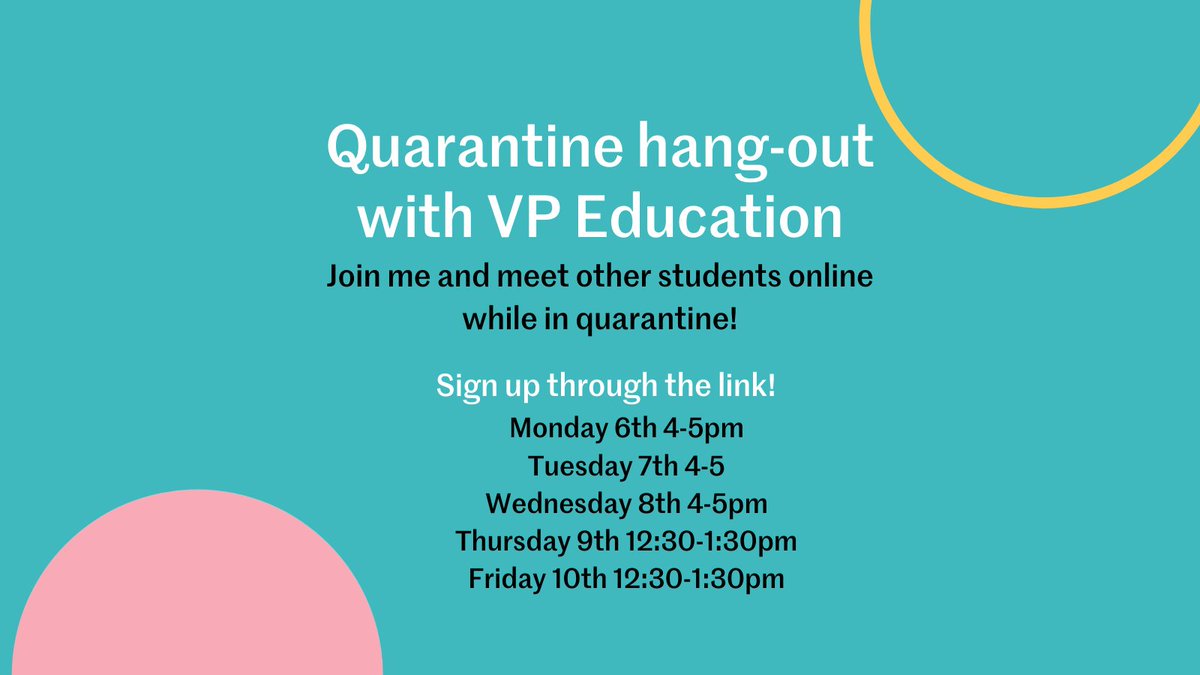 StrathUnion's tweet image. Your VP Education, Savvina, is hosting a series of Quarantine Hang-Outs over Zoom for students who are in quarantine due to COVID-19. 

You can join her and meet other students online while in quarantine! Find out more and sign up using this link - forms.office.com/r/YykyTKee06.