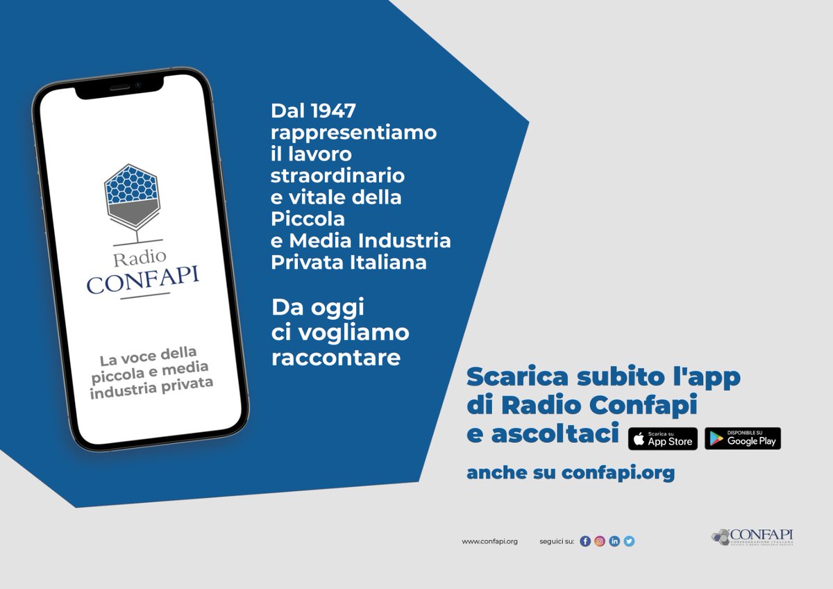 Confapi's tweet photo. Riprendono le trasmissioni di #RadioConfapi, la radio dedicata al mondo delle #pmi.
Per ascoltarla, scarica l'app su Apple Store e Google Play.
👉 https://t.co/6ZDjIDPc9O
👉 https://t.co/ftPIiPWJhF https://t.co/Hb9BrlwOU7