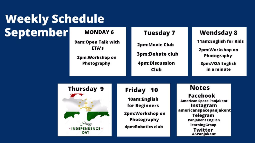 ASPanjakent's tweet image. Dear friends😀
➡️Please take a look to our weekly  schedule for September 6-10
Welcome and join our programs! 
📎Before entering to the Space 
 Don&apos;t forget to wear your masks!  Have a nice day😄😄
#Americanspacepanjakent
#VirtualPrograms
#inpersonprograms
#trainings
#contest