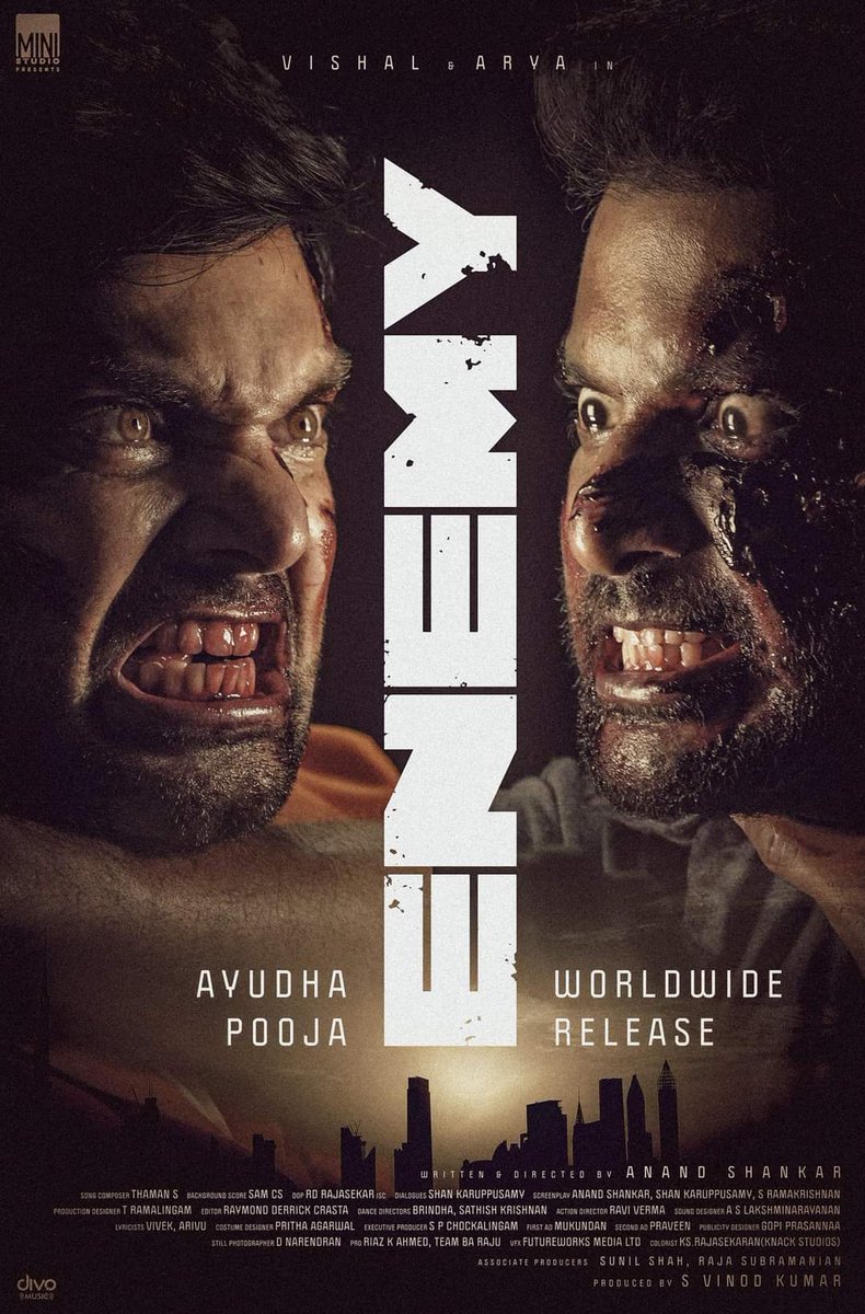 viishnuprasaad's tweet image. #Enemy to hit screens this October.

Starring @VishalKOfficial, @arya_offl, @mirnaliniravi, @mamtamohan and @prakashraaj, this movie bankrolled by #MiniStudio has songs composed by @MusicThaman, background score by @SamCSmusic and cinematography by @RDRajasekhar.