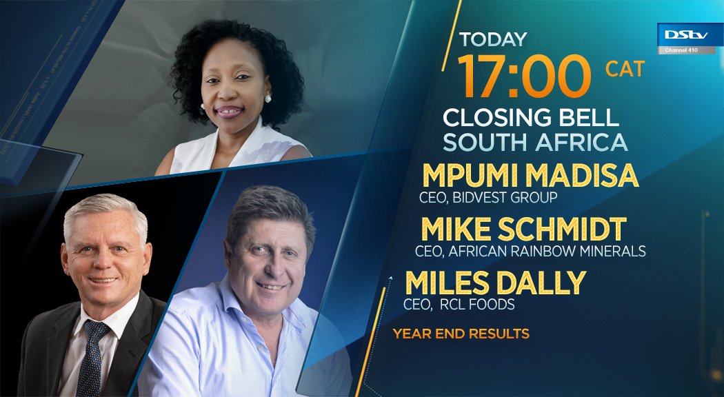 [WATCH] Today on #CBSA: Mpumi Madisa, CEO of #Bidvest, Mike Schmidt, CEO of African Rainbow Minerals and Miles Dally, CEO <a href="/RCLFOODS/">RCL FOODS</a>, joins us to discuss the year end results. Tune into #DSTV410 at 17h00 CAT.