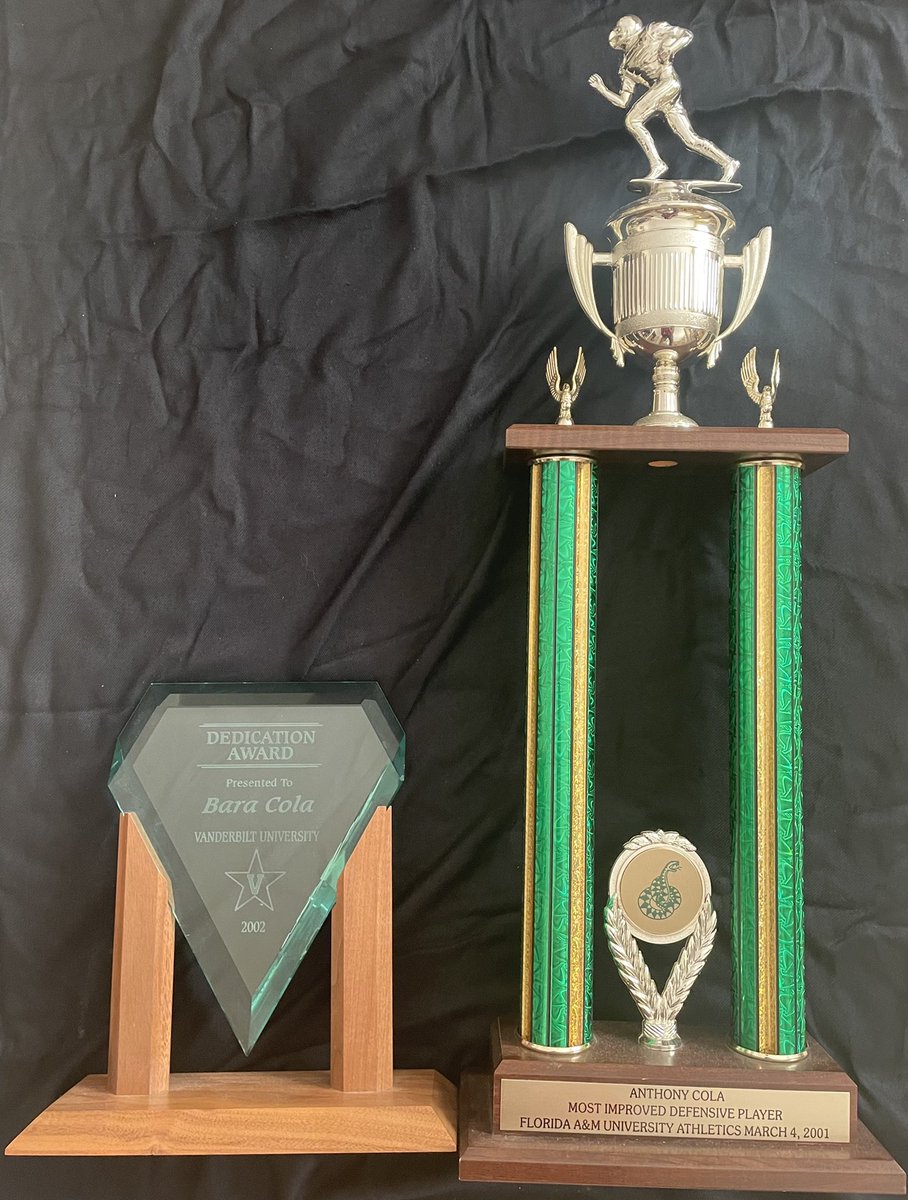 baratundecola's tweet photo. The last of many individual trophies that my brother @ColaMan47 and I earned in sports were for #dedecation and most #improved. Now that I am a father, I value these even more and see how they reflect our parents and how we were raised more than anything. @VandyFootball @FAMU_FB https://t.co/rR9khNJDf5