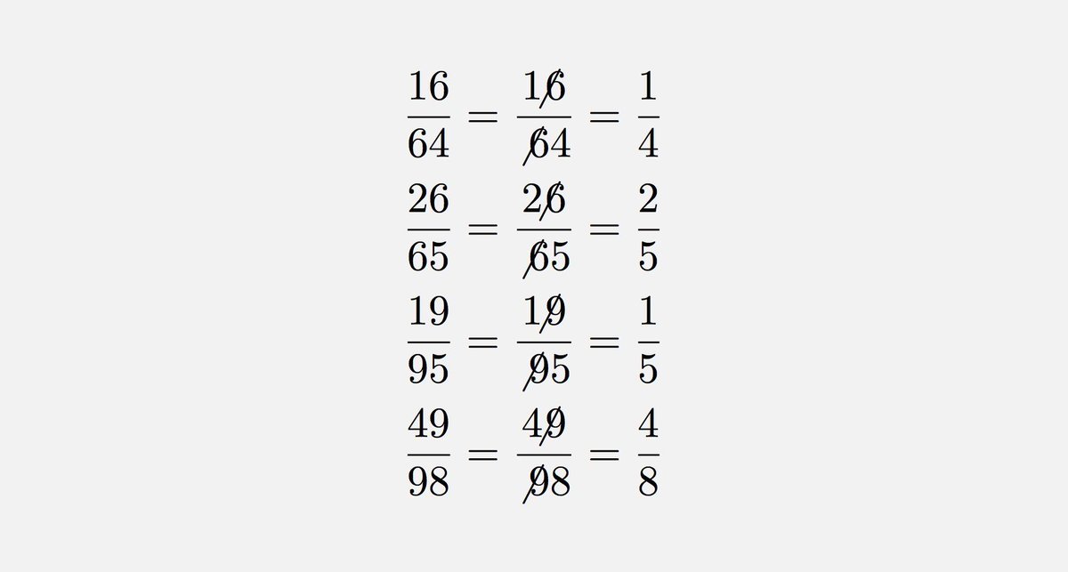 fermatslibrary's tweet photo. Anomalous cancellations are a particular kind of arithmetic procedural error that gives a numerically correct answer. https://t.co/AWYGVzlqMy