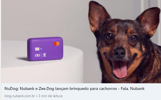 SocialDigitalBR's tweet photo. Mais uma jogada incrível da Nubank! 

Há um tempo atrás, muitas pessoas começaram a postar fotos com os cachorrinhos mordendo o cartão. 

A repercussão foi tão bacana, que agora os cachorrinhos podem receber um brinquedinho da galera da Nu! 

O que achou? 

#nubank #marketing https://t.co/W0Vxsa9nWl