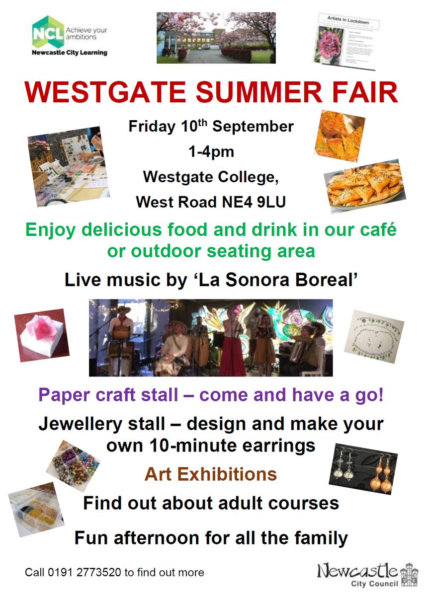 Summer Fair this Friday from 1-4pm at Westgate College!
There will be live music from 'La Sonora Boreal', papercraft and jewellery stalls where you can have a go yourself, and an art exhibition. Find out about our new adult learning courses starting very soon too.
All welcome.