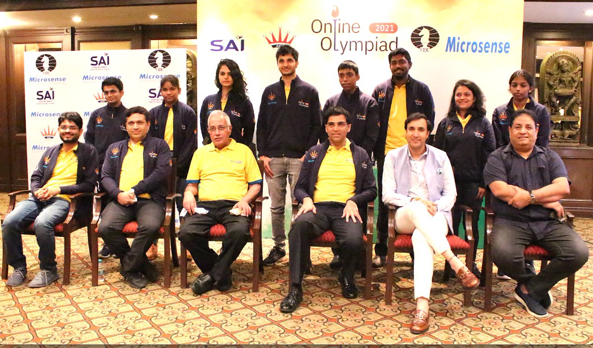 SnjKpr's tweet photo. In #Chennai today with @vishy64theking, India's captain for Online #Olympiad &amp; rest of the team.

Also present, Mr. Kailasanathan, MD #Microsense &amp; #AICF secretary, Bharat Singh Chauhan during the press interaction.

Indian wizards confident of defending Olympiad #Gold!
#Chess https://t.co/znGfVL9QCW
