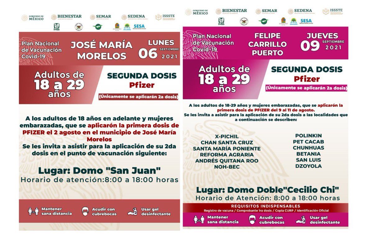 Esta semana tenemos aplicación de segundas dosis en: 
Benito Juárez: bit.ly/3tfIQBI
Cozumel: bit.ly/3BHO504
Felipe Carrillo Puerto: bit.ly/3zPDqjg
José María Morelos: bit.ly/3yN06zi
Bacalar: bit.ly/3DPYKYA