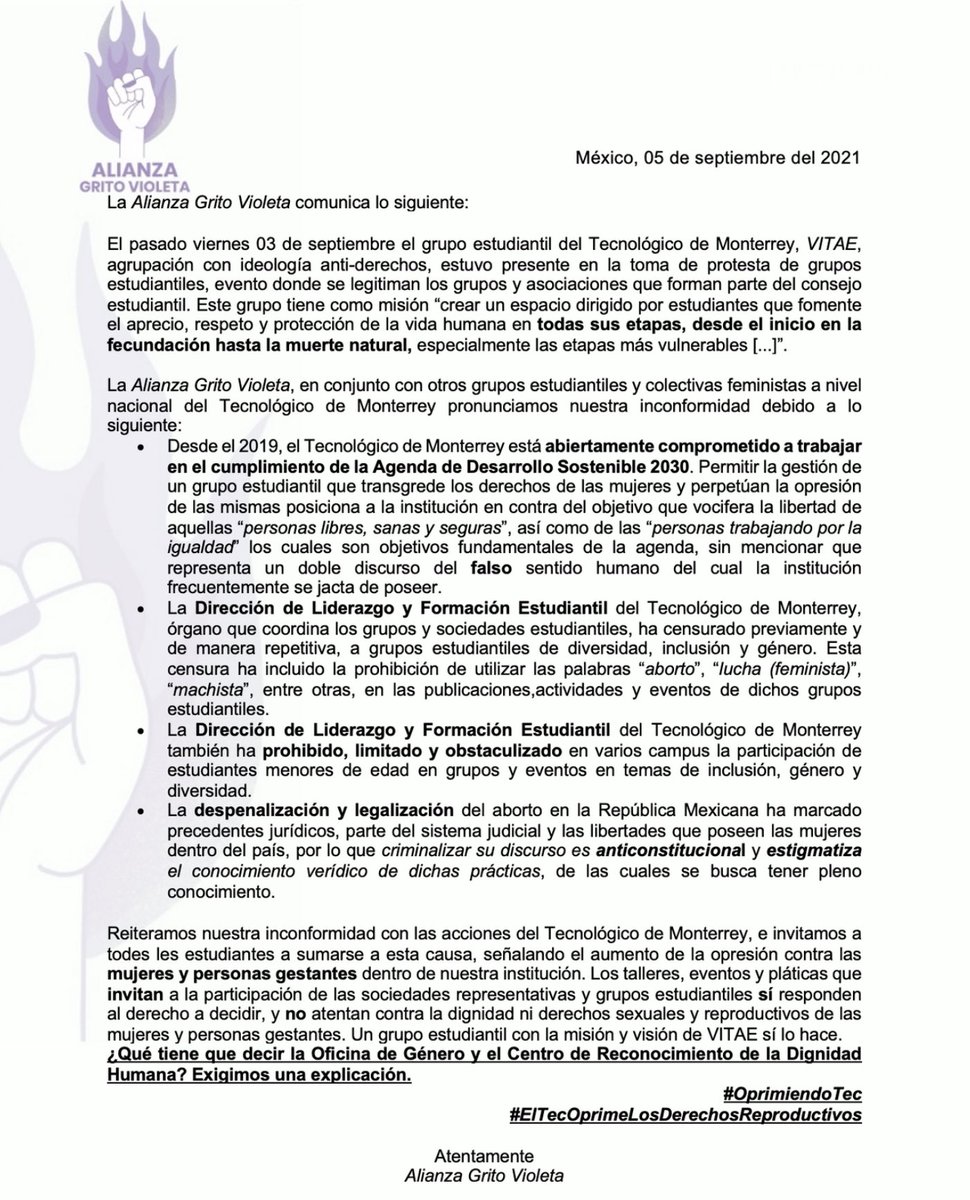 gritovioleta's tweet photo. Feliz aniversario @tecdemonterrey @teccampusmty 💜💚

#TecAntiDerechos
#OprimiendoTec https://t.co/NaAHCZGcfi