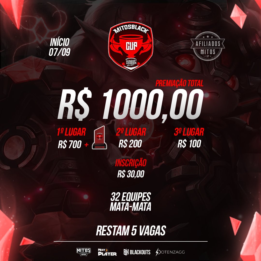 blackoutsofc's tweet photo. TÁ ESPERANDO OQUE PRA PARTICIPAR DA MITOSBLACK CUP?

ÚLTIMO DIA DE INSCRIÇÃO, CORRE!

https://t.co/FzsAbDuqpr https://t.co/93dBmjU0sr