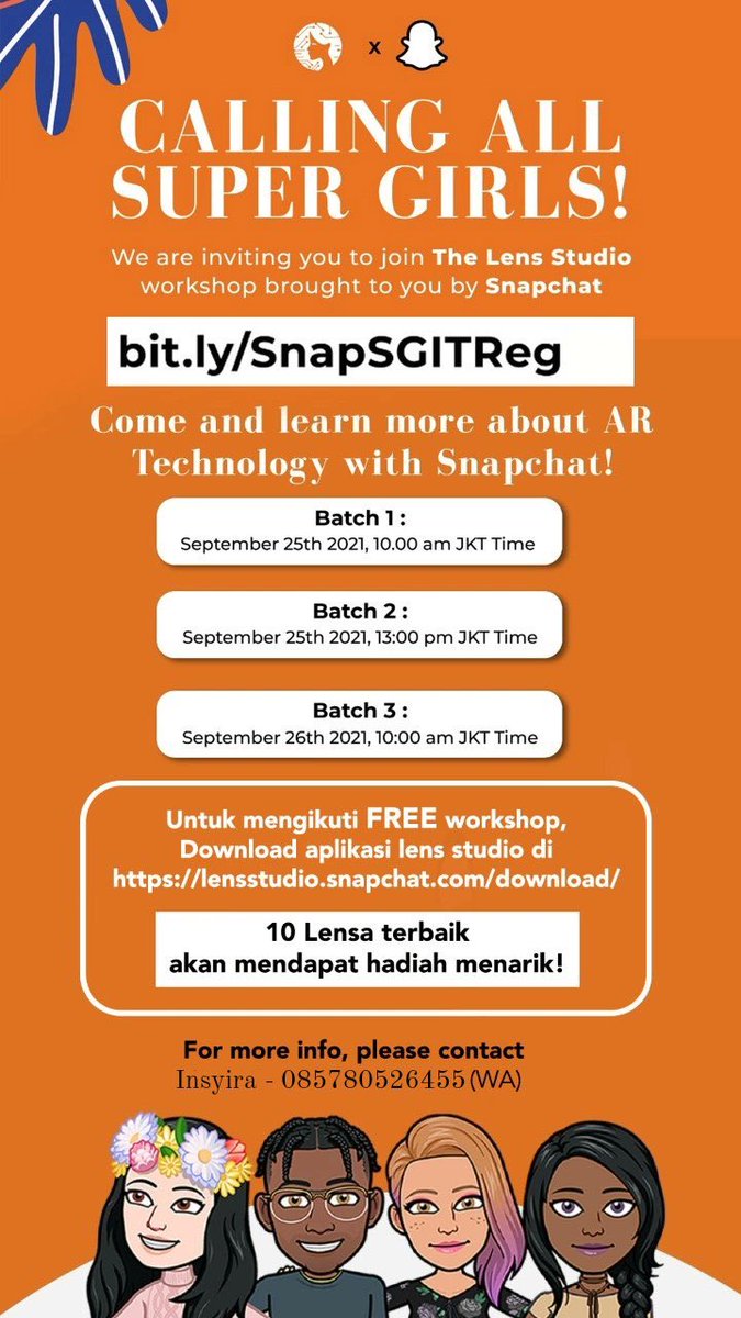 webinar_updates's tweet photo. 📣 Workshop‼️
“SGIT x Snapchat Inc. Lens Studio Workshop”
🗓 25/26 September 2021
⏰ 10:00/13:00 WIB via Google Meet
🏆 Awesome Prizes
💰 FREE
🔗 https://t.co/cefm4EWKp9
#workshop #workshopgratis #workshopnasional #snapchat https://t.co/W1ECVqCTXw