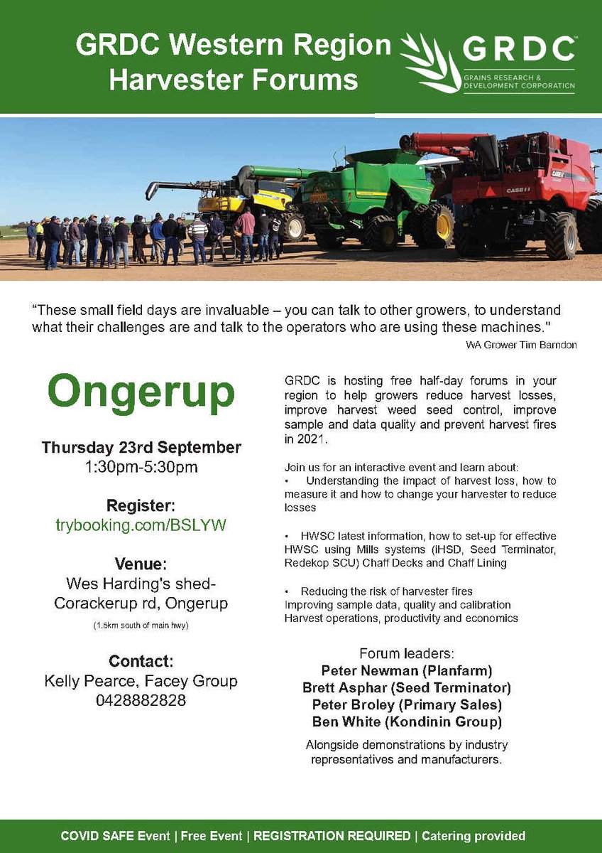 GRDC are hosting one of their harvester forums in Ongerup.
Thursday 23rd September, 2021
1:30pm - 5:30pm
FREE event but you need a ticket to reserve your lamb &amp; gravy roll :
trybooking.com/BSLYW
This event is also a part of the FREE Fun Farmer Tour :
funfarmers.eventbrite.com.au