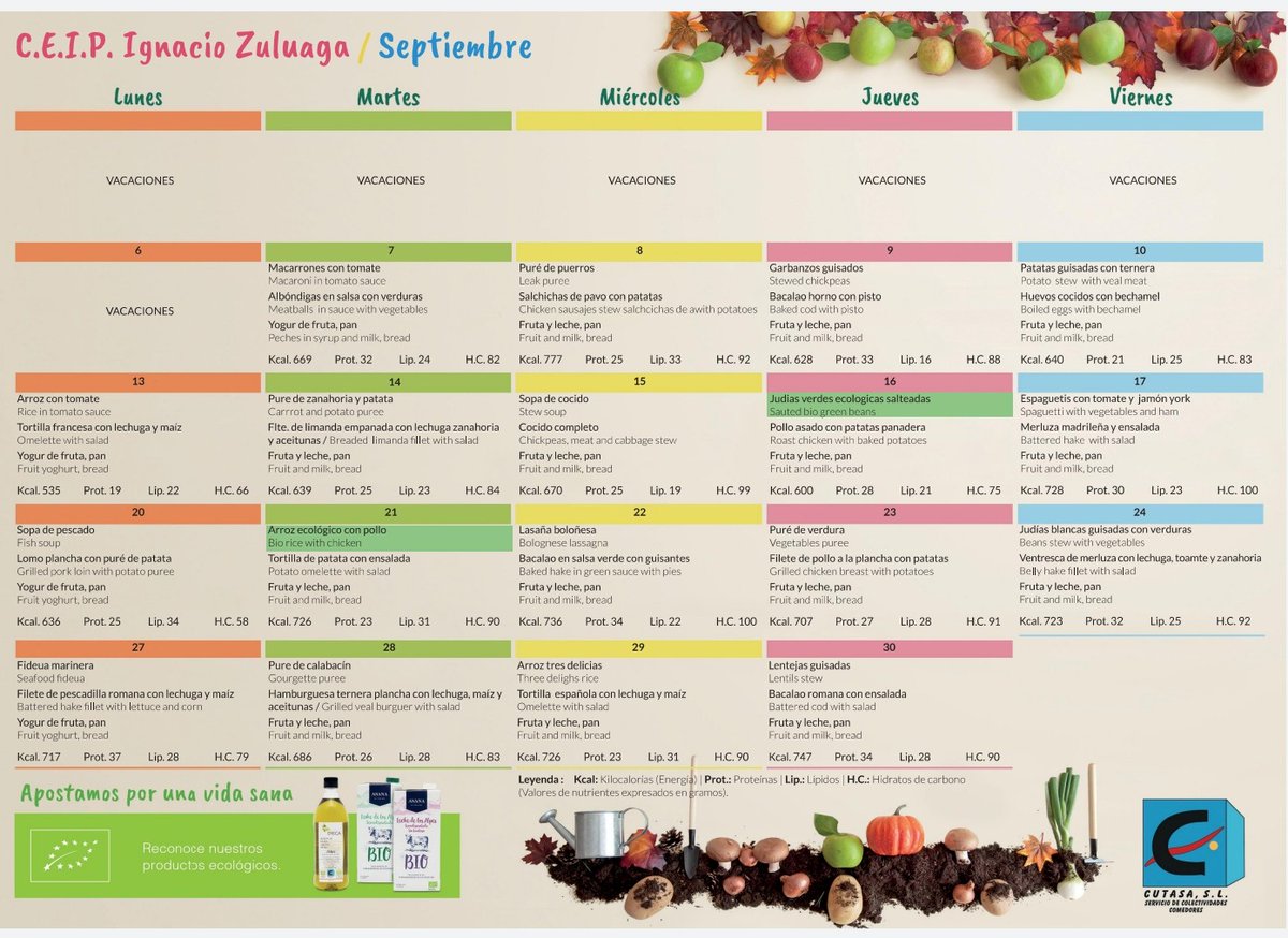 Menú comedor septiembre