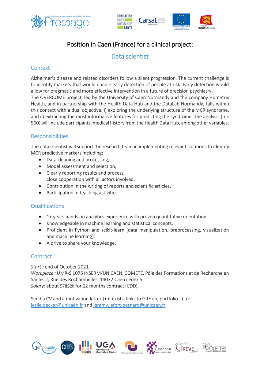 📢New #DataScientist position in our lab  in #computational #psychology <a href="/Comete/">Comete</a> &amp; @Unicaen
Funding for 1 full year.
Work with <a href="/HealthDataHub/">Health Data Hub</a> and #DataLab Normandie!
Please e-mail us at the address attached in the form.✍️