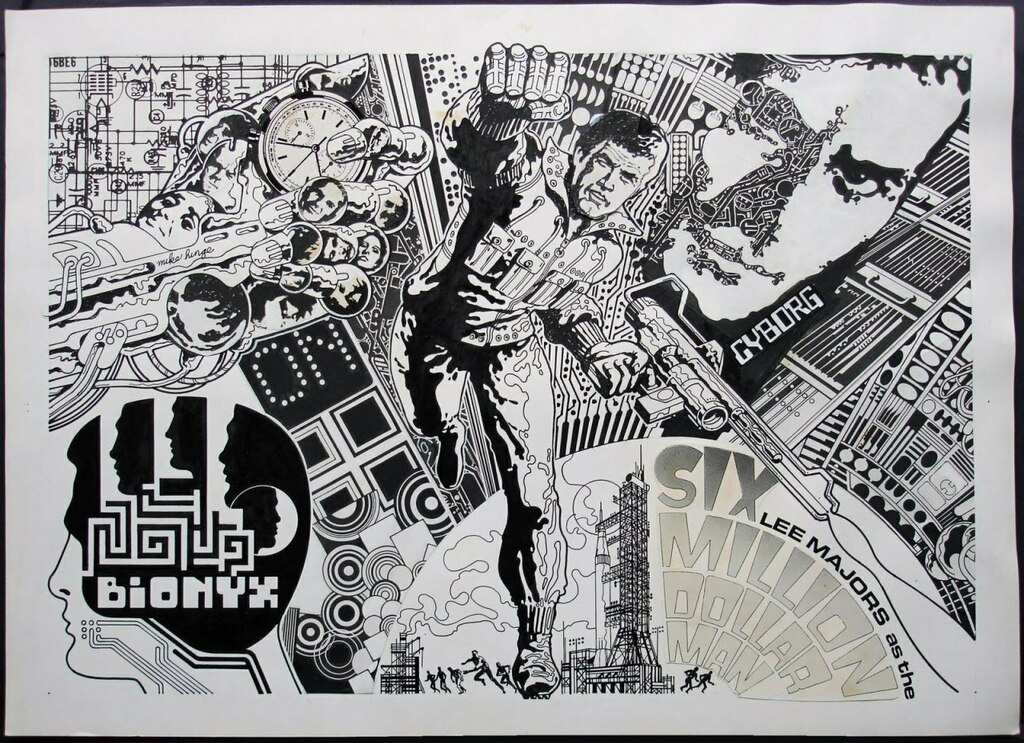 70sscifi's tweet image. A stunning 1974 Six Million Dollar Man double-page spread by Mike Hinge