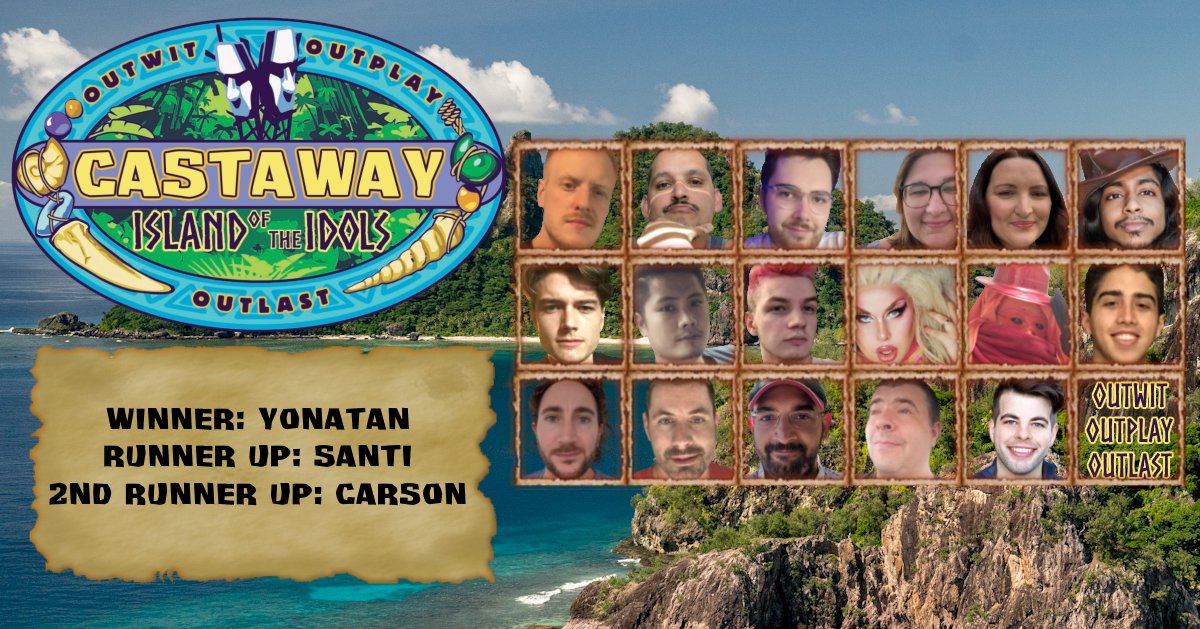 CastawaySeries's tweet photo. CASTAWAY: Island of the Idols
September 5, 2021
Winner: Yonatan (@yonatanco)
Runner-Up: Santi (@velvetsaje)
2nd Runner-Up: Carson (@ChaosCarson_) https://t.co/1mYhMdQwOv