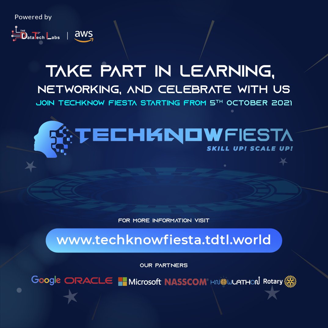 techknowfiesta's tweet image. We&apos;re excited to announce the launch of TechKnow Fiesta on Oct 5th 2021, which will introduce technology through engaging activities and events like Learning Carnival, Quizzy Trivia, Tech-Masters Era, Writers Den, Live On-Cam, and more.
Enroll Now - techknowfiesta.tdtl.world