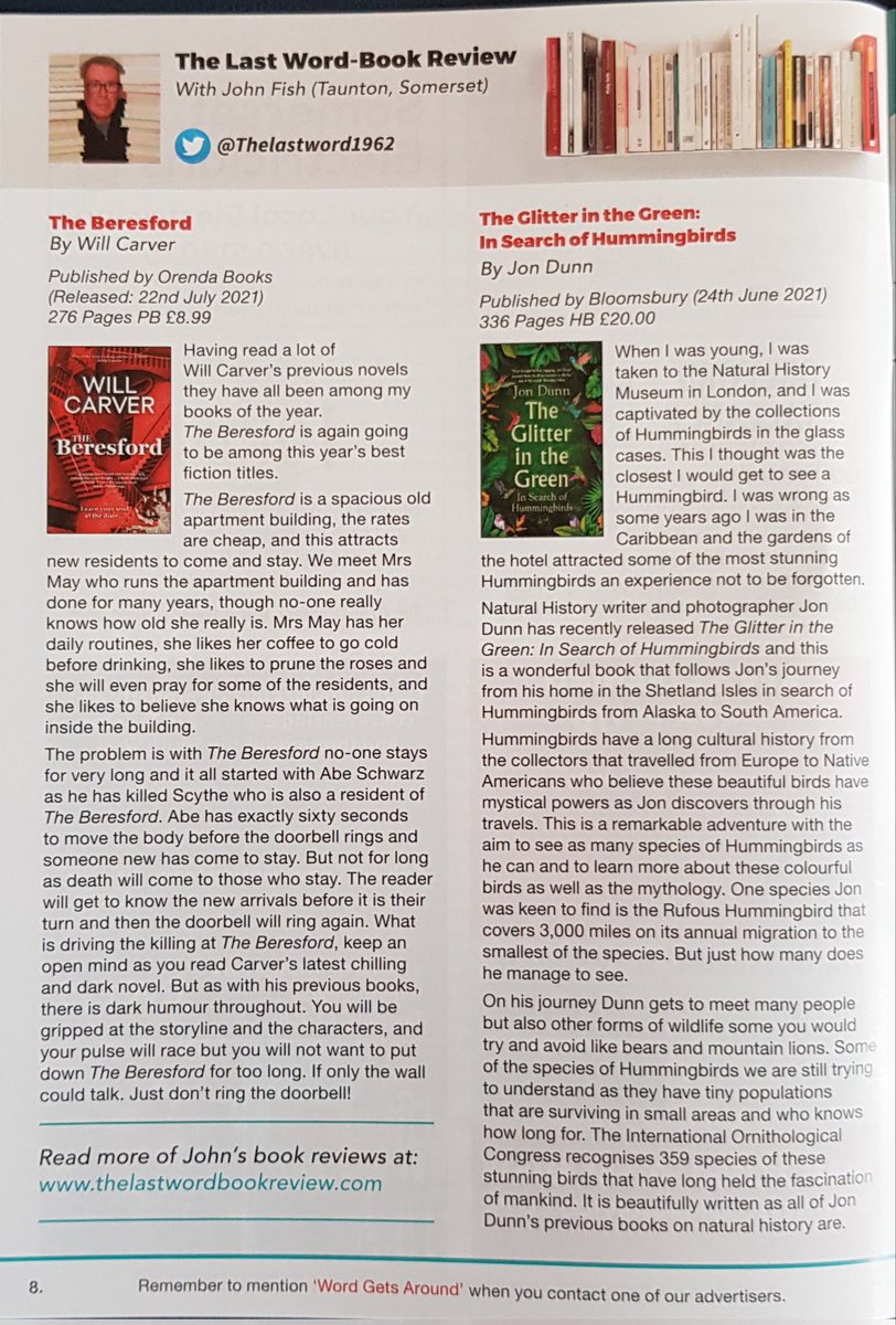Inside the September edition of @_wordgetsaround magazine my latest book reviews: My fiction review is #TheBeresford by @will_carver (@OrendaBooks ) and my non-fiction review: The Glitter in the Green: In Search of Hummingbirds by @dunnjons ( @BloomsburyBooks )
