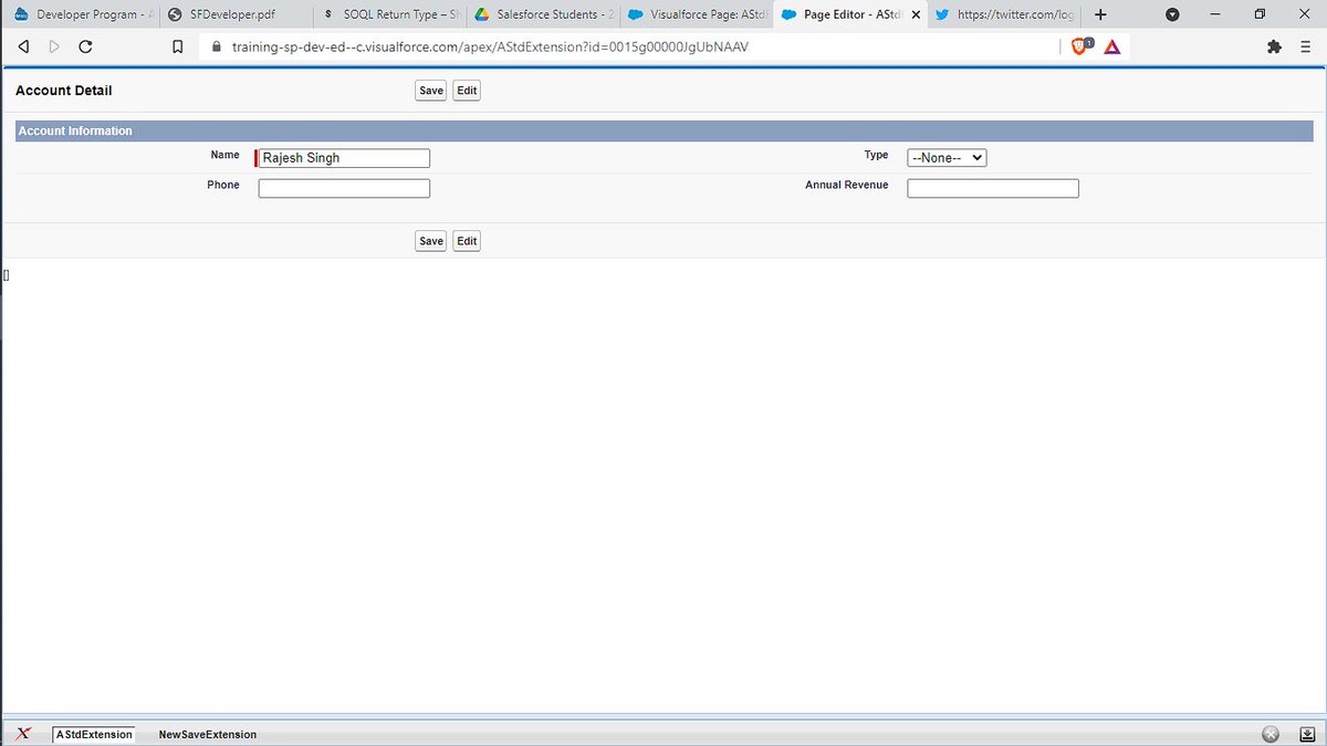 Sfdc_Chanderpal's tweet photo. SF Assignment -13
Today I learned " Redirection ,Rendering and Extension in VisualForce Pages" and completed my assignment.
I have changed the functionality of SAVE() and EDIT()
Thanks to
@salesforce
@trailhead
and #SalesforceForStudents programme by
@sagarjaipareek https://t.co/1X6HjutmmR