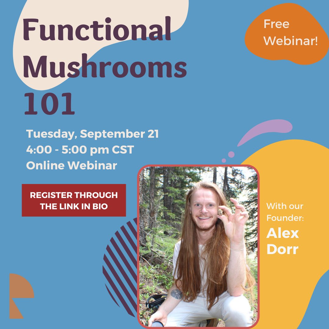 Join us on Tuesday September 21st at 4 pm CST for our FREE Functional Mushrooms 101 webinar with our Founder Alex Dorr! Alex will be diving deep into mushrooms, beneficial compounds, and the best ways to support your wellness!* 
#wellness #mushroom eventbrite.com/e/functional-m…