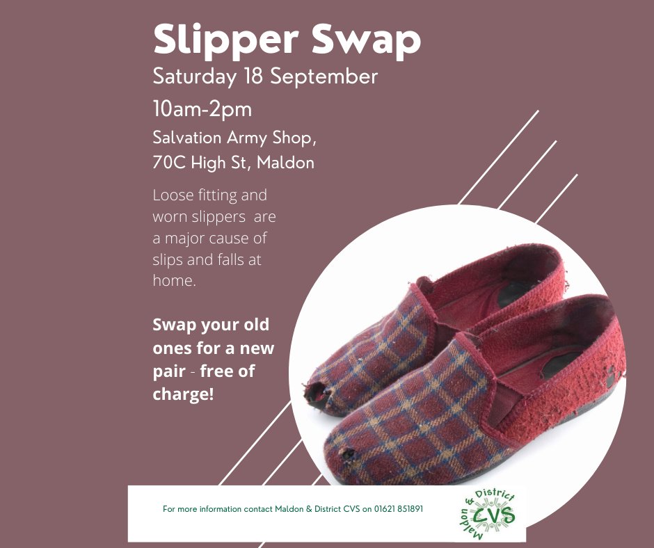 Do you know someone at risk of falling in the home? Worn out slippers could be the problem! They can swap their old slippers for a brand new pair, free of charge at our #SlipperSwap on Saturday 18 September, just pop in the Salvation Army shop in #Maldon any time between 10-2