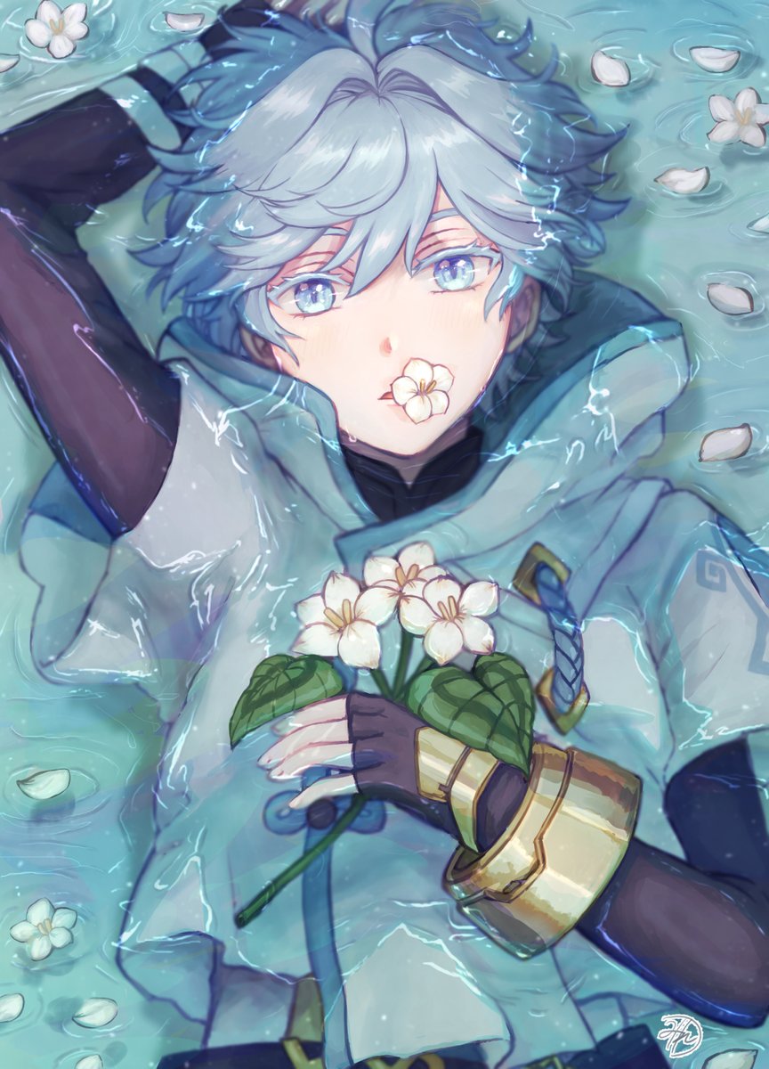 chongyun (genshin impact) 1boy male focus flower blue eyes blue hair holding flower water  illustration images