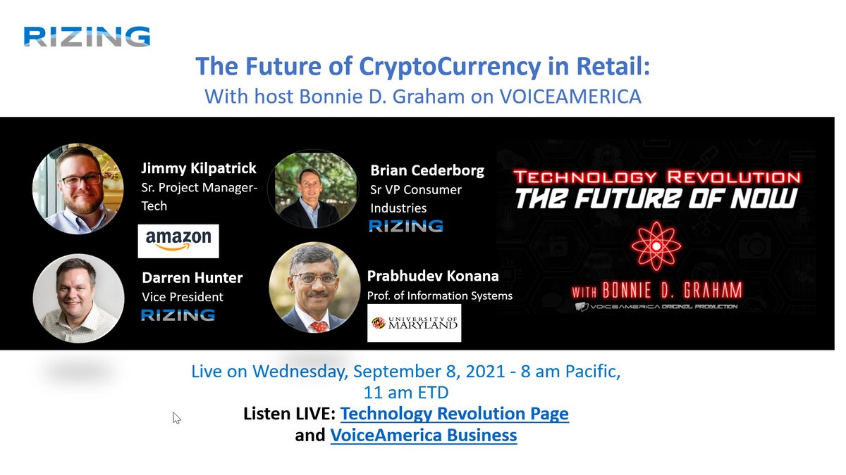 When #cryptocurrency becomes the standard for payment, how does #Retail react? Join <a href="/RizingCI/">Rizing Consumer Industries</a> with @RadioRed777 and guests Jimmy Kilpatrick #Amazon, Prabhudev Konana (U of Maryland) with Brian Cederborg + Darren Hunter. #SAP #SAPRetail #cryptocurrency