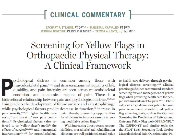 Smart, useful paper on yellow flags screening. It guides what to do when you find them! <a href="/JOSPT/">JOSPT Community</a>  pubmed.ncbi.nlm.nih.gov/34465140/ <a href="/DukeMSK/">Duke MSK</a>