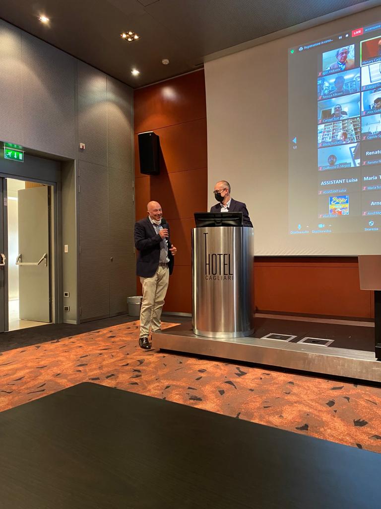 Nufact2's tweet photo. The local organizer Dr Bonivento from @INFN_ introduced today four special guests: Dr Masoni, director of @INFN_ Cagliari, Prof Colombo, research pro-rector at UNICA, Prof Usai, director of physics department at UNICA and the major of Cagliari, Truzzu 👏🏻 https://t.co/x2oQdN0YAF