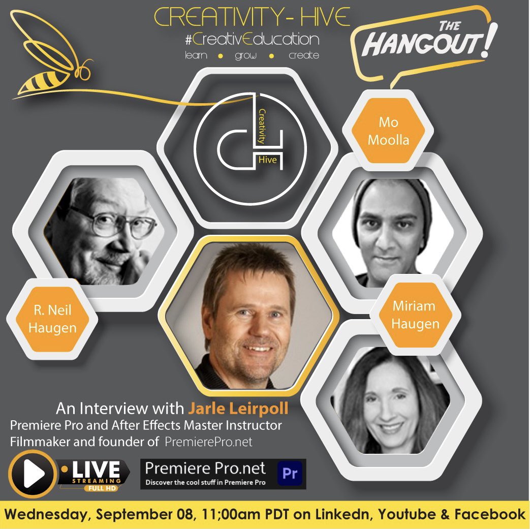 creativityhive1's tweet photo. This week 11:00am PDT. Join us for an interesting #hangoutsession with Jarle Leirpoll as we discuss all things @AdobeVideo @AdobeAE Promises to be tons of fun. @ProDesignTools @RedGiantNews @MaxonVFX @borisfx @inetmediagroup https://t.co/aaao7Ng3Mx