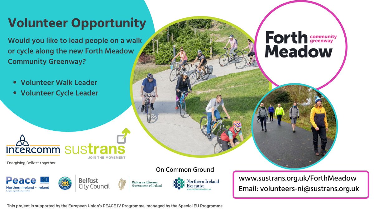 Do you live in the Village/Donegal Road area and love the outdoors? We have a great volunteer opportunity for walk and cycle leaders for the new Forth Meadow Community Greenway. Free training available. sustrans.org.uk/ForthMeadow