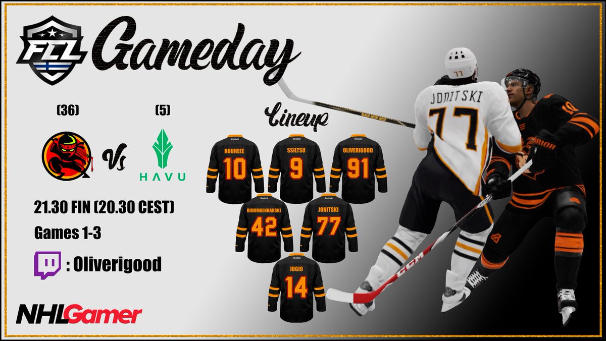Gameday!🥳

Here we go! Second round of #FCL2021 playoffs against @HAVU_NHL. Games 1-3 will be played tonight. 

⏰: 21.30 FIN
📺: twitch.tv/oliverigood

<a href="/NHLGamerCOM/">NHLGamer</a> <a href="/esm_gg/">eSM 2023</a> #MukanaWilhelm #kouvolanlakritsi