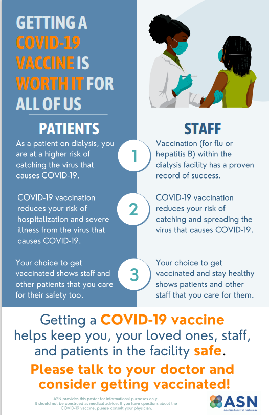ASNKidney's tweet photo. ASN is offering up to 6 complimentary copies of the ASN #COVID19 Vaccine Poster.

Each poster measures 12 x 18 inches. Available in both English and Spanish, they include several graphic choices representative of different populations.

Order here:
https://t.co/0khLl5cU4Y https://t.co/IyYfj2BPDR