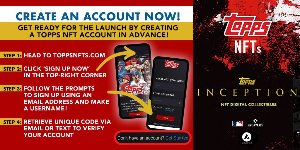 ToppsNFTs's tweet photo. The 2021 @Topps @MLB Inception #NFT Collection drops September 9th at 1PM ET on @AvalancheAVAX! Prepare for the release by creating a free Topps NFT account now in 4 easy steps. #Inception21
Create now: https://t.co/6vl67evR4M https://t.co/8Vy2zG0hK8