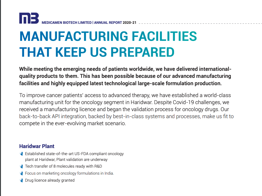 Medicamen AR Notes : (FY-21) 

• The validation of the oncology plant is
ongoing.

• Tech Transfer of 8 molecules ready with R&amp;D

Link : bseindia.com/bseplus/Annual…