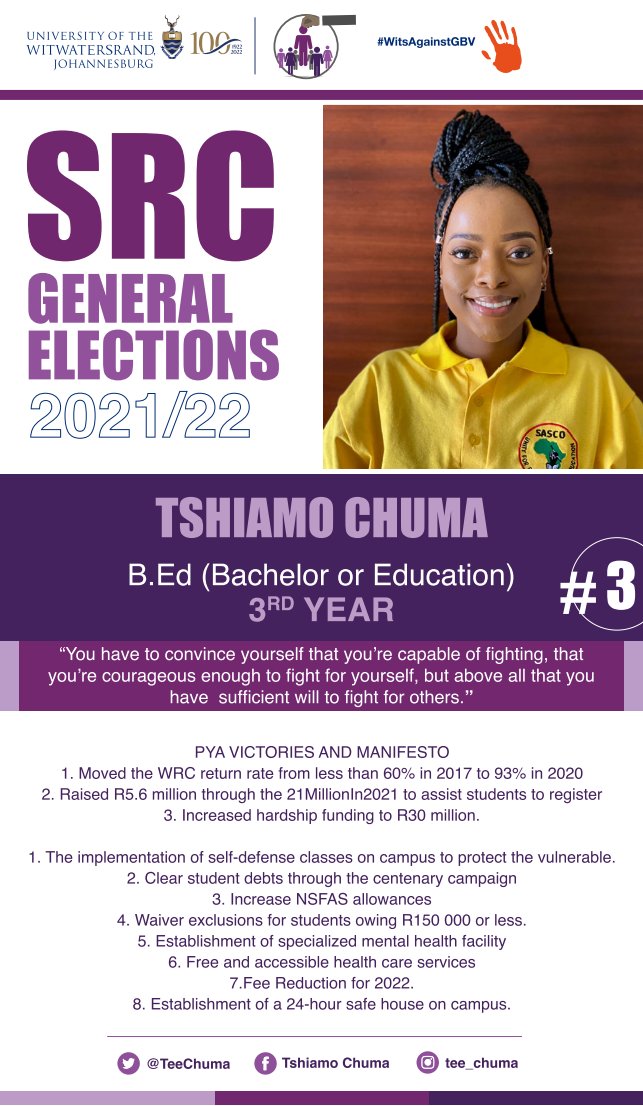 Wits_SRC's tweet photo. (THREAD) 
Here are all the candidates for the 2021-2022 SRC elections. You can vote for up to 13 candidates of your choice on the 7th and 8th of September. https://t.co/FTqtf2LFFG