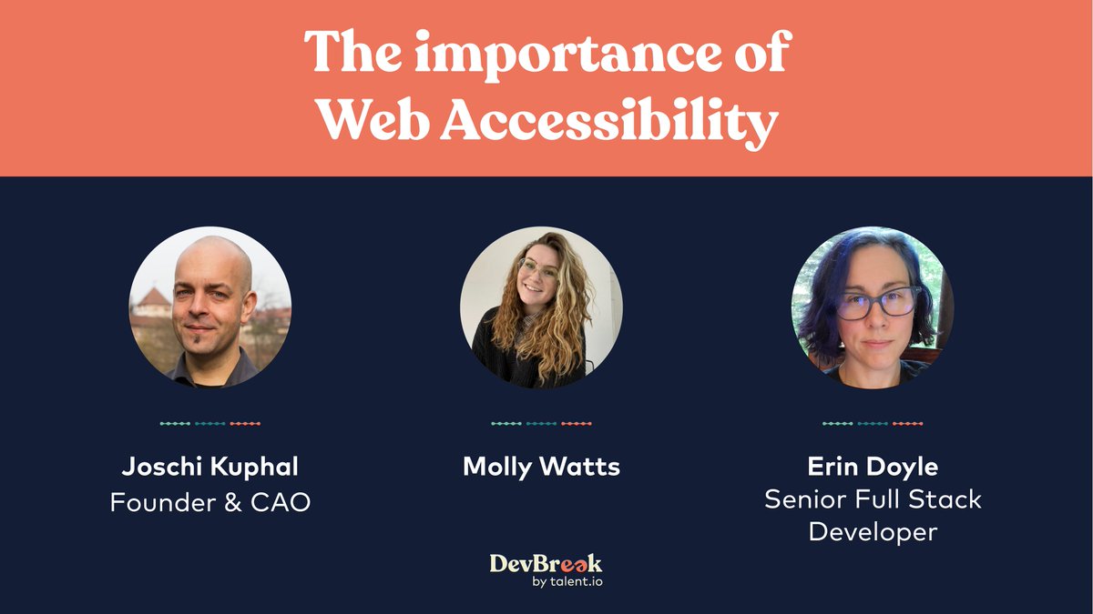 DevBreak21's tweet image. The most inspiring panel at #DevBreak21 💛

@jkphl @MollyWattTalks and @SunshinyDoyle are gathering to talk about the importance of Web Accessibility. You don&apos;t want to miss this discussion! 

#Webaccessibility #techpanel #techevents #devs #techfestival #tech #a11y