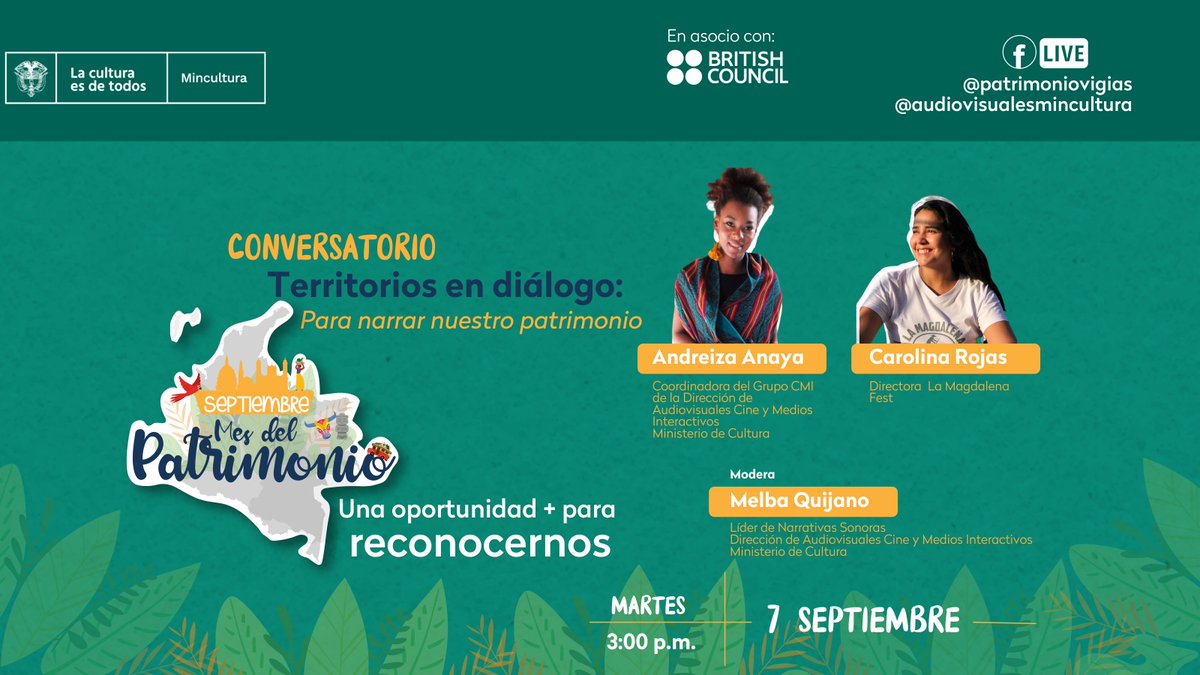 ¡Agéndate!Te invitamos este martes 7 de septiembre a las 03:00 p.m. a conocer nuestra convocatoria y a descubrir diferentes formas de crear y formar experiencias de salvaguarda de nuestro patrimonio cultural. 🇨🇴️#YoSoyPatrimonio #Mincultura #TerritoriosEnDialogo #DACMI