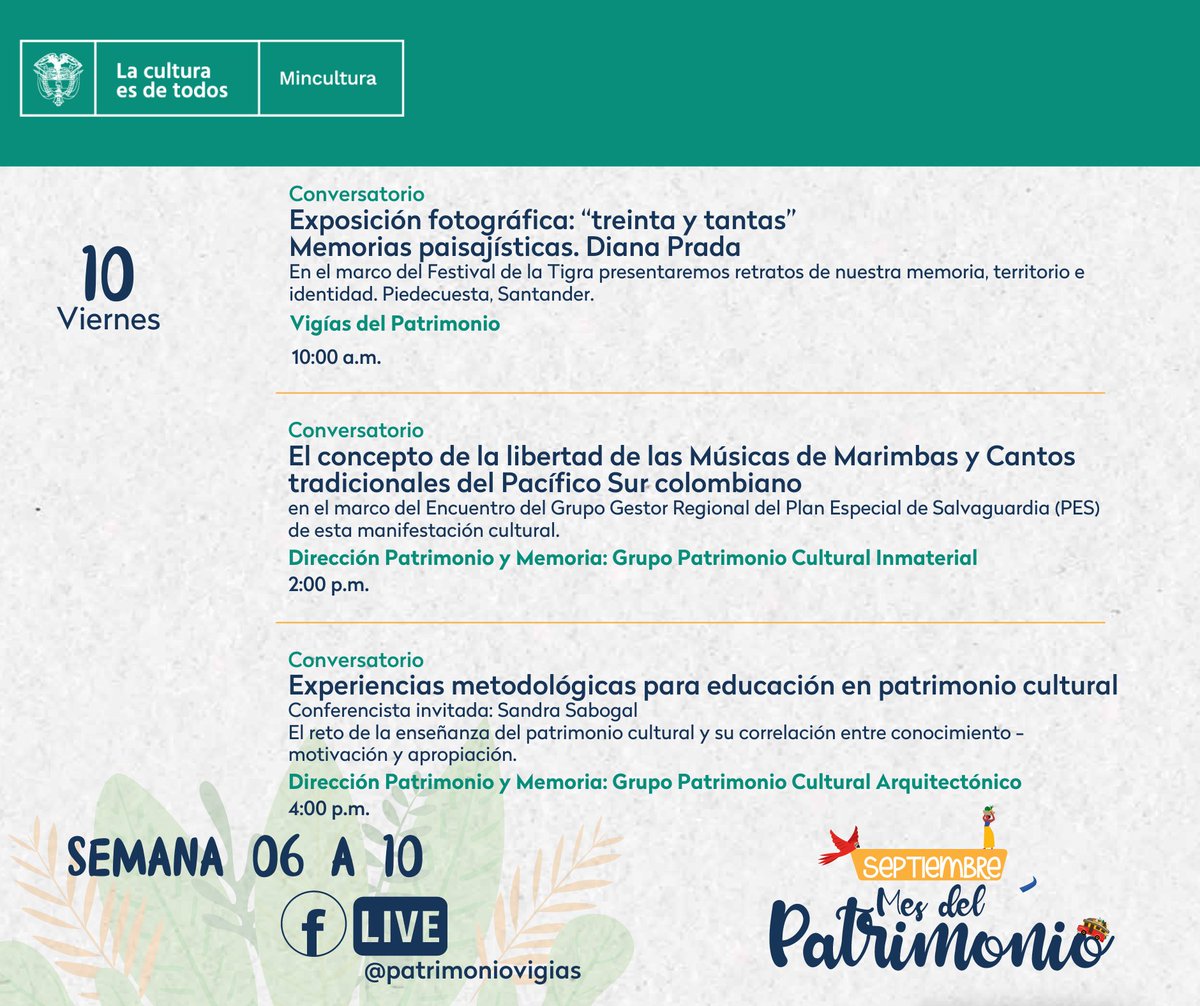 Iniciamos nuestra programación virtual sin precedentes, que reunirá más de 30 conversatorios, diálogos y talleres. AGENDATE✏️ Estos son nuestros conversatorios para la semana  del 06 al 10.Septiembre Mes del Patrimonio #MinCultura Fb:@patrimoniovigias
🇨🇴🏺