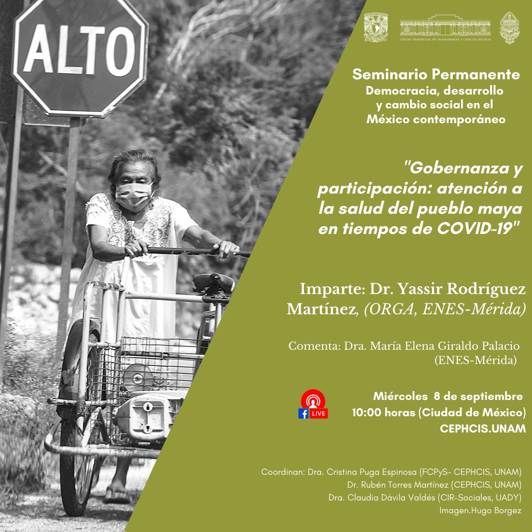 Recuerda que  este miercoles 8 de septiembre en punto de las 10:00 hrs se llevará a cabo la conferencia "Gobernanza y participación: atención a la salud del pueblo maya en tiempos de COVID-19".Imparte el Dr. Yassir Rodríguez Martínez, no te lo pierdas.¡Te esperamos!
#Facebooklive