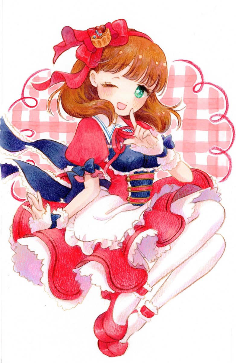 sakuma mayu 1girl solo one eye closed brown hair smile dress open mouth  illustration images