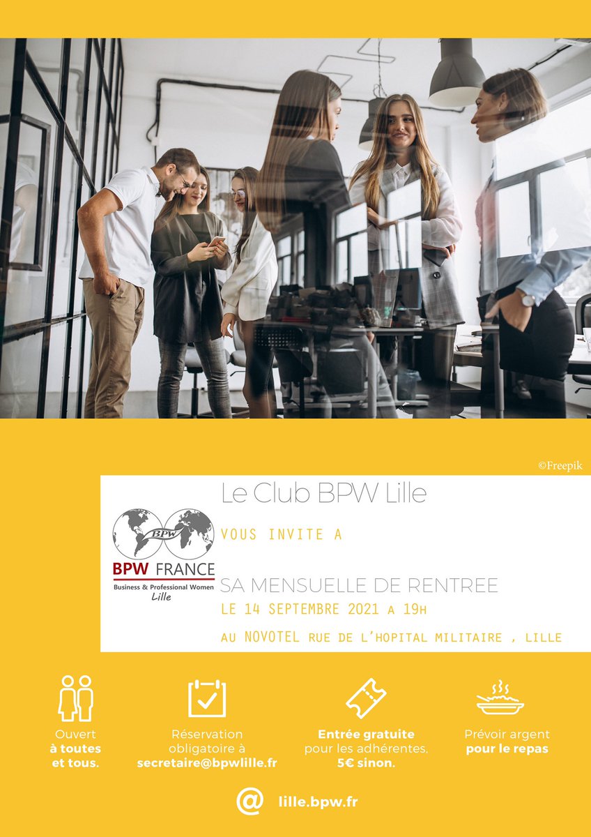 [MENSUELLE] Venez nous rejoindre à la mensuelle de rentrée du Club <a href="/BpwLille/">BPW Lille</a> mardi 14 sept. À partir de 19h au Novotel de Lille (rue de l’hôpital militaire). Soirée networking de retrouvailles EN PRÉSENTIEL !! Inscriptions secretaire@bpwlille.fr