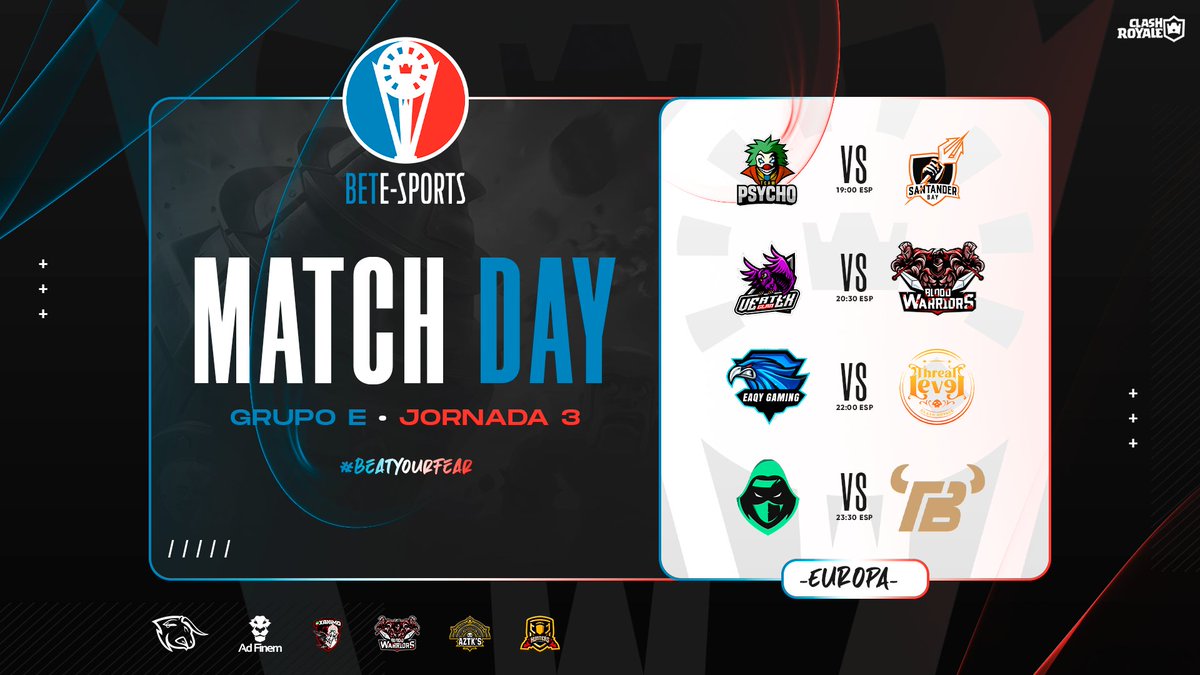 🔹Partidos | Europa 🇪🇺

⚔️ <a href="/TEAM_PSYCHO_FR/">TEAM PSYCHO ESPORT</a> 🇨🇵 🆚 <a href="/SantanderBay/">Santander Bay - Mighty Meerkats</a> 🇪🇦

⚔️ <a href="/Vertex_LV/">Liberty Vertex Esports</a> 🇪🇺 🆚 @BloodWarriorss 🇪🇺

⚔️ <a href="/EaqyGaming/">Eaqy Gaming</a> 🇩🇪 🆚 <a href="/ThreatLevelGG/">Threat Level Gaming</a> 🇸🇪

⚔️ <a href="/DarkAllianceV/">Dark Alliance V</a> 🇪🇦 🆚 <a href="/Team_Bravus/">Team Bravus</a> 🇪🇦

🔹¿Qué equipos conseguirán la victoria el día de hoy? ¡Apoyalos! 🔽.

#BeatYourFear