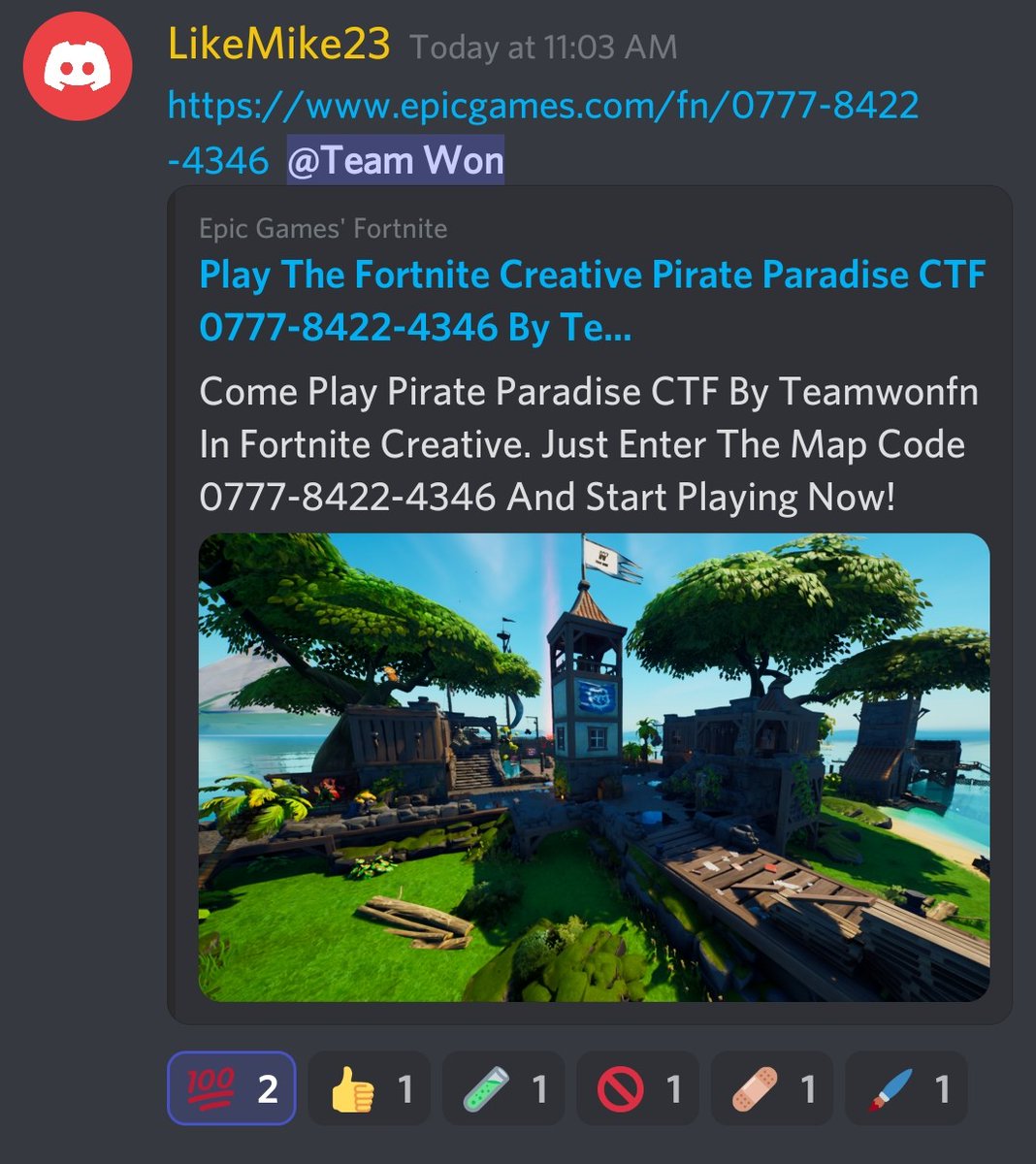 abizzle5_'s tweet photo. My teams map is currently in island review! Go play if u haven't already and leave an honest vote! 🍅
Map code: 0777-8422-4346
@TEAMWONFN 
#FortniteCreative #fortnite 
@FNCreate https://t.co/EvKCY10bof