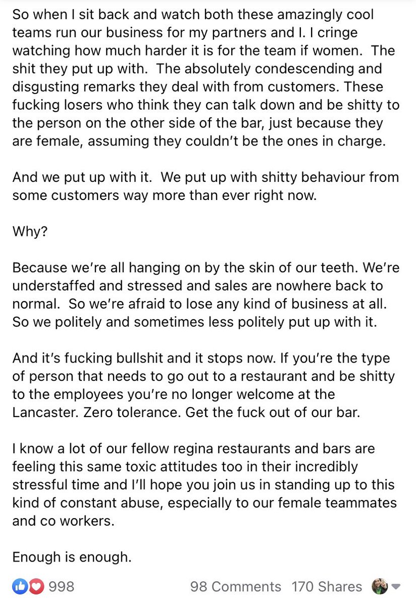 The <a href="/thelancaster_ca/">The Lancaster</a> knows what’s up and you absolutely love to see it. 

“If you’re the type of person that needs to go to a restaurant and be shitty to the employees you’re no longer welcome. Zero tolerance. Get the fuck out of our bar.” 

👏🏻 👏🏻 👏🏻